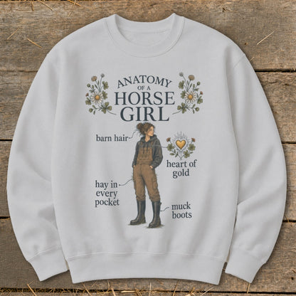 Light grey sweatshirt with "Anatomy of a Horse Girl" text and illustration.
