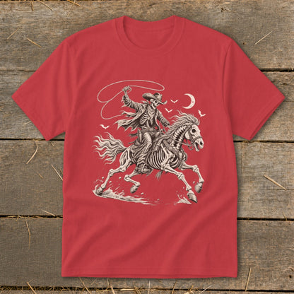Skeleton cowboy on a horse with a lasso under a crescent moon.