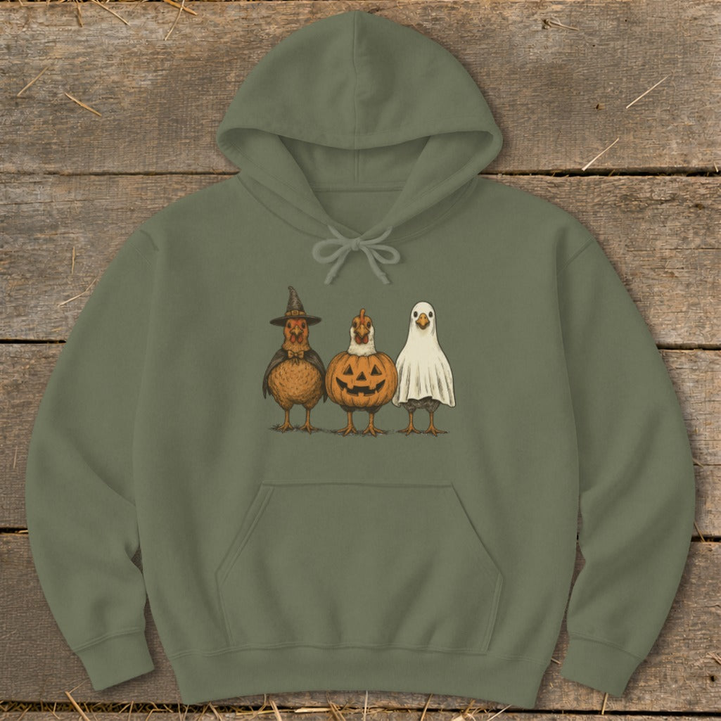 Olive hoodie with graphic of three chickens dressed for Halloween.