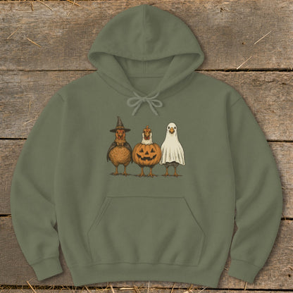 Olive hoodie with graphic of three chickens dressed for Halloween.