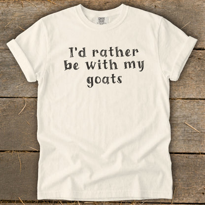 Cream t-shirt with "I'd rather be with my goats" text in black.