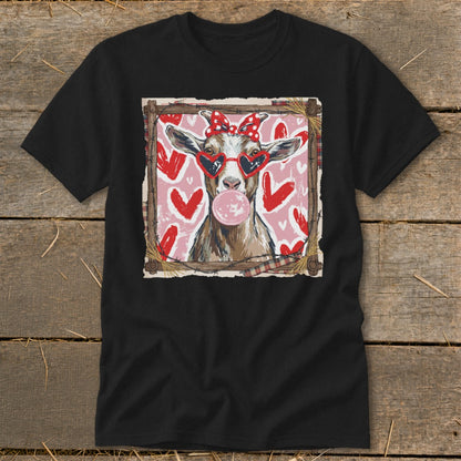 Goat wearing heart sunglasses and a bow blowing bubblegum with hearts background.
