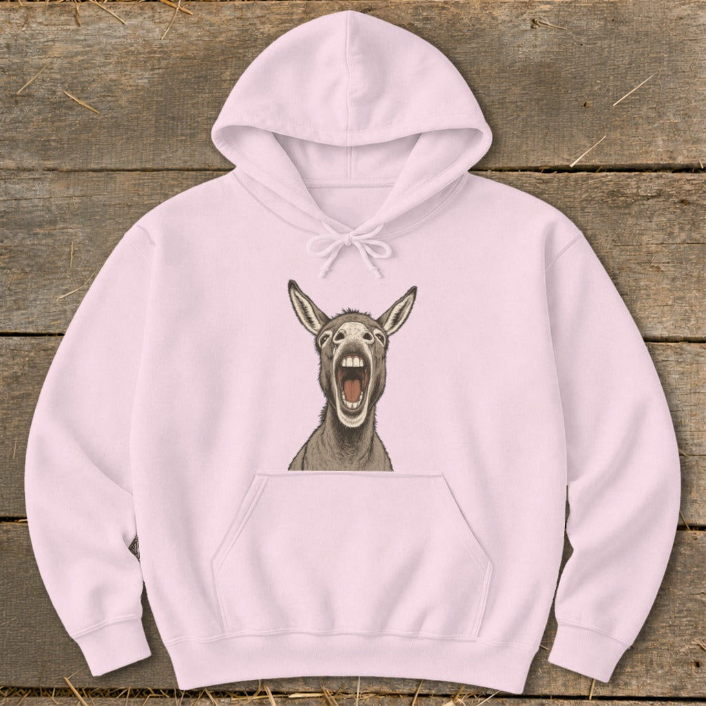 Pink hoodie with a drawing of a yelling donkey on the chest.