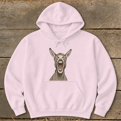 Pink hoodie with a drawing of a yelling donkey on the chest.