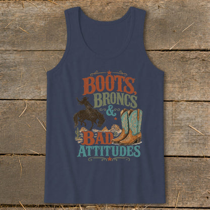 Navy tank top with "Boots, Broncs & Bad Attitudes" graphic and cowboy imagery.