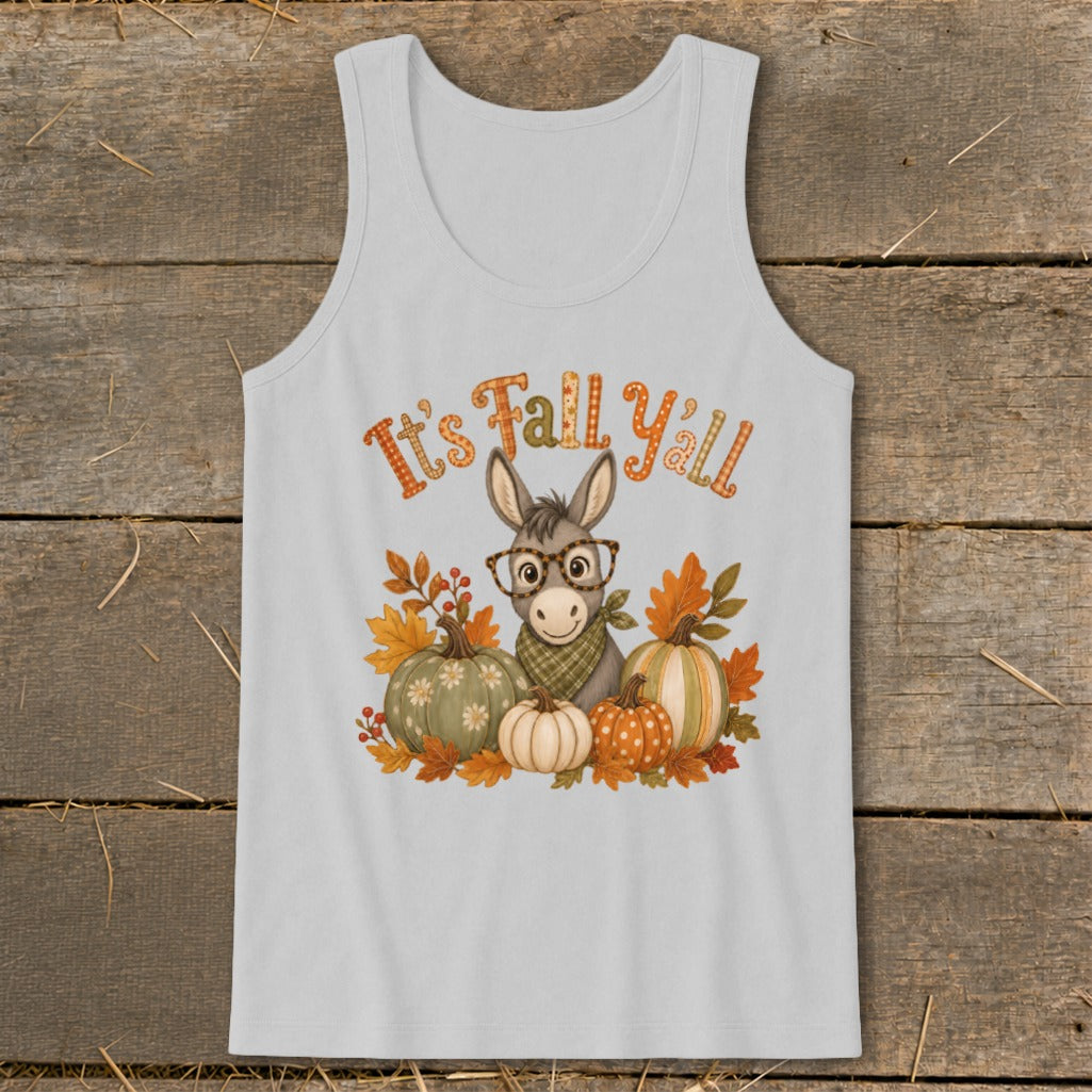 Donkey with glasses among pumpkins and fall leaves, text "It's Fall Y'all".