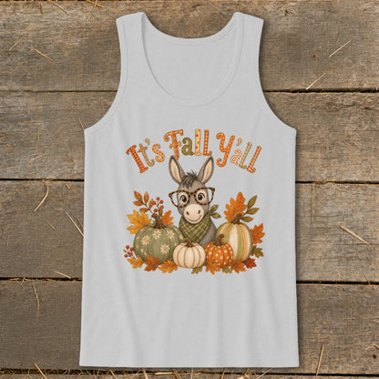 Donkey with glasses among pumpkins and fall leaves, text "It's Fall Y'all".