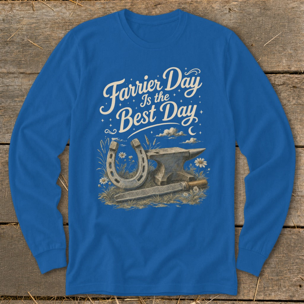 Blue long-sleeve shirt with "Farrier Day Is the Best Day" text and horseshoe, anvil, and file graphic.