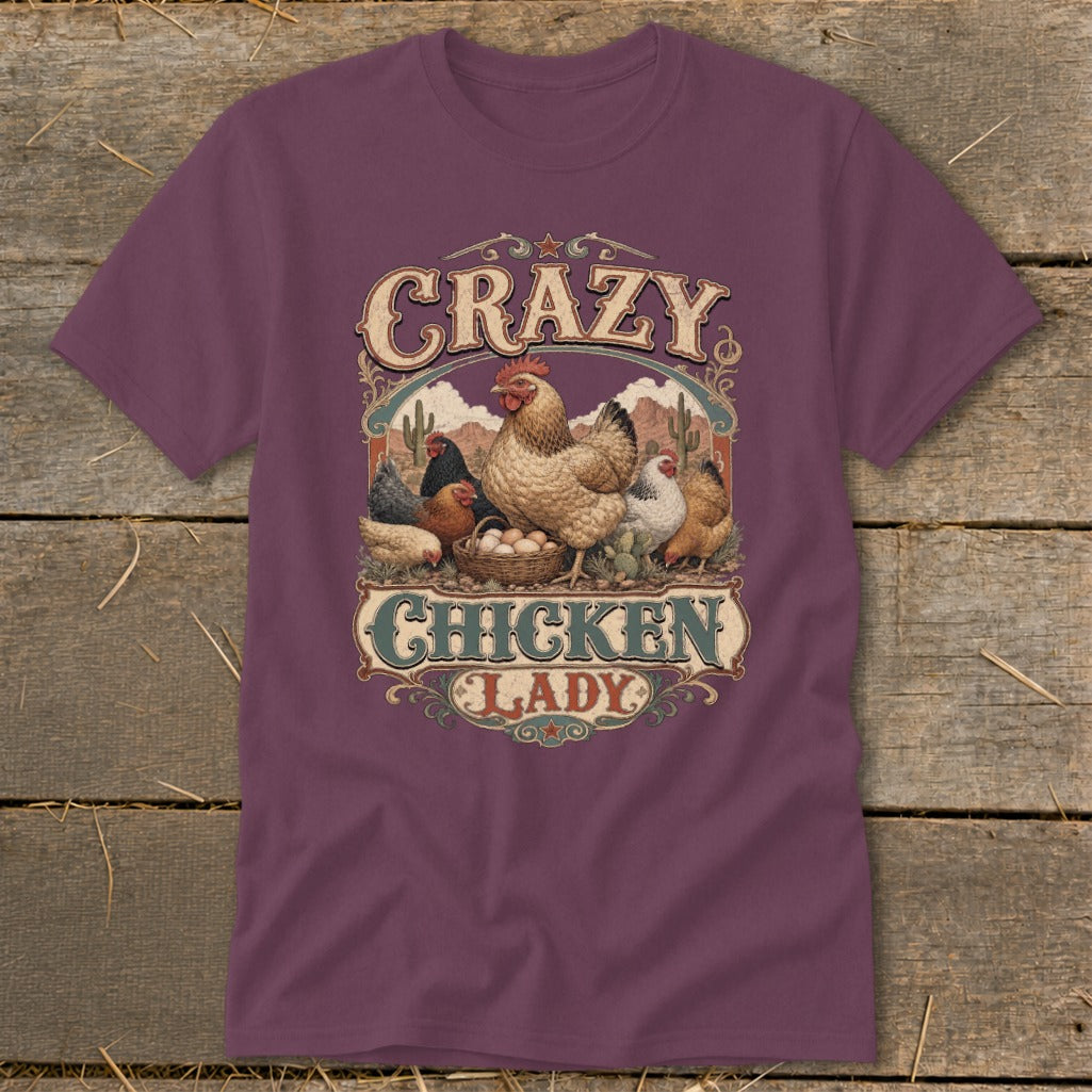 T-shirt graphic with chickens and text "CRAZY CHICKEN LADY".