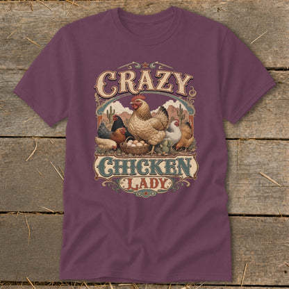 T-shirt graphic with chickens and text "CRAZY CHICKEN LADY".