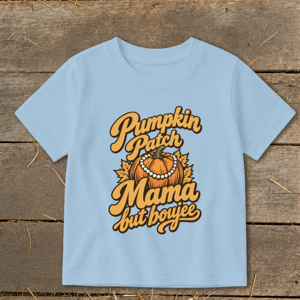 Light blue t-shirt with "Pumpkin Patch Mama but boujee" text and pumpkin graphic.