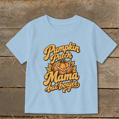 Light blue t-shirt with "Pumpkin Patch Mama but boujee" text and pumpkin graphic.