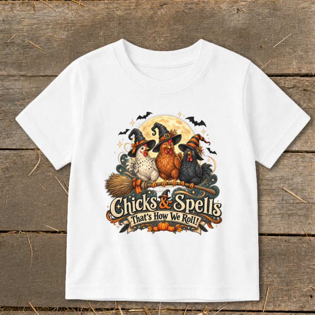 Three chickens in witch hats on a broomstick with "Chicks & Spells" text.