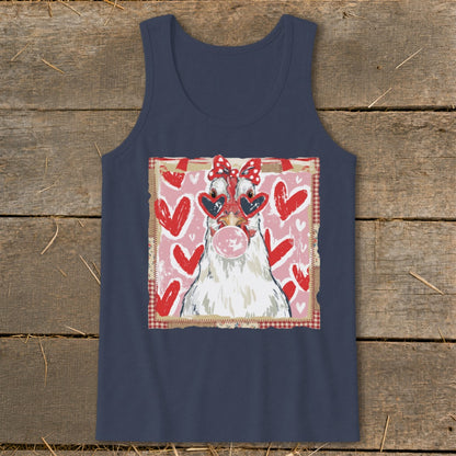 Chicken with heart sunglasses and bubblegum on a pink background with red hearts.