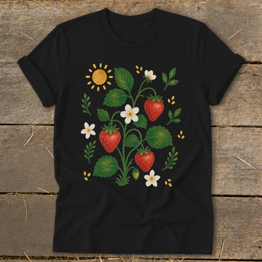 Black t-shirt with a whimsical strawberry plant illustration, featuring red berries, white flowers, green leaves, and a sun.