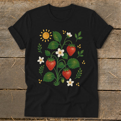 Black t-shirt with a whimsical strawberry plant illustration, featuring red berries, white flowers, green leaves, and a sun.