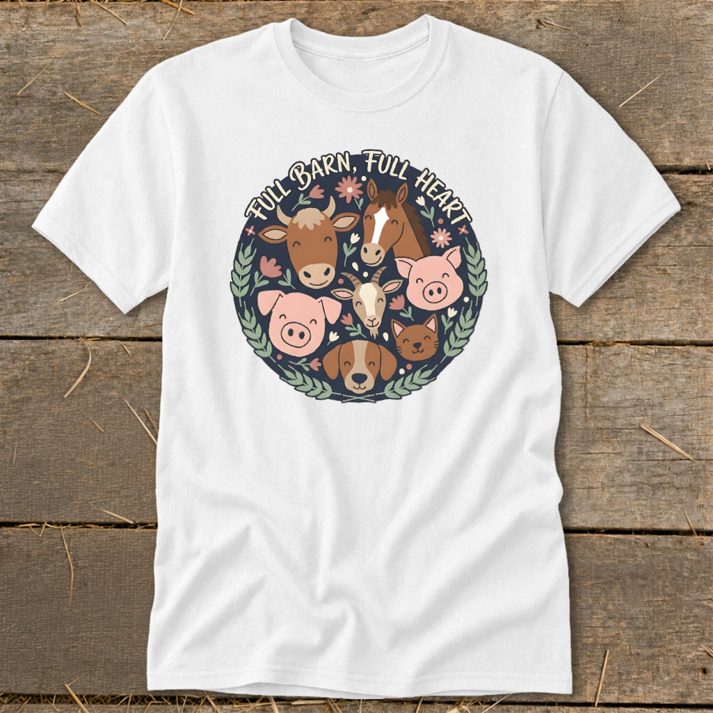 White t-shirt with a circular farm animal graphic and text "Full Barn, Full Heart".