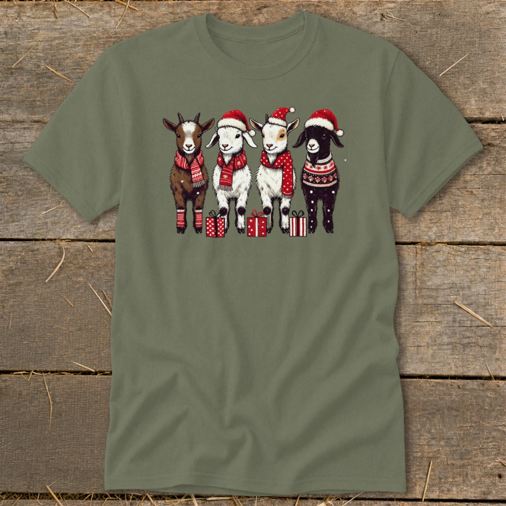 Four cartoon goats wearing Santa hats and scarves stand with presents.