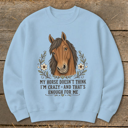 Light blue sweatshirt with a horse illustration and text "MY HORSE DOESN'T THINK I'M CRAZY".