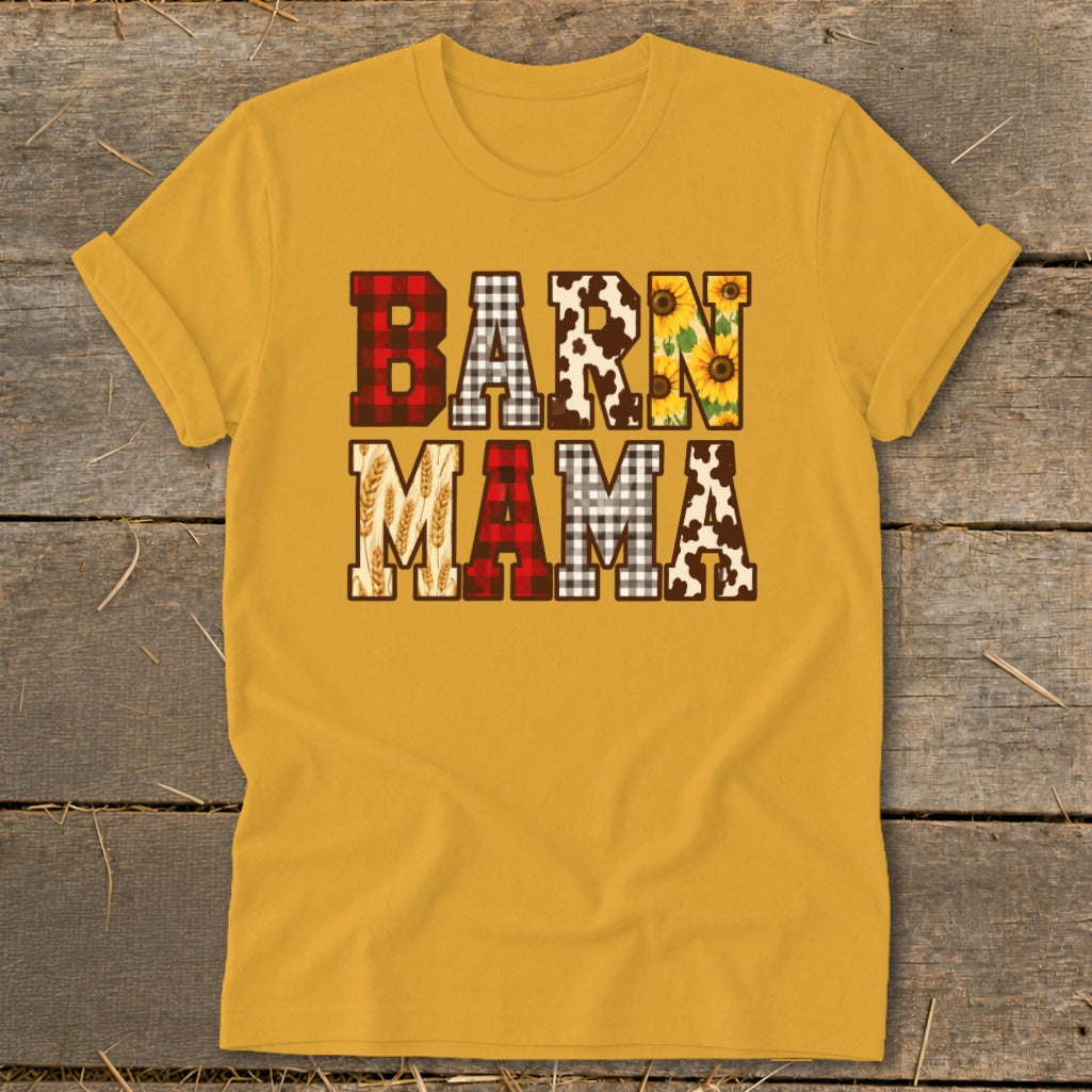 Gold t-shirt with "BARN MAMA" text in patterned letters.