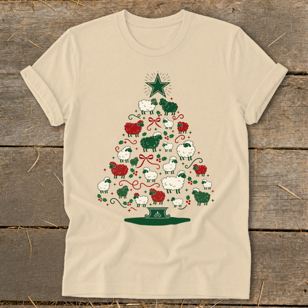 Cream t-shirt with a Christmas tree made of white, red, and green sheep.