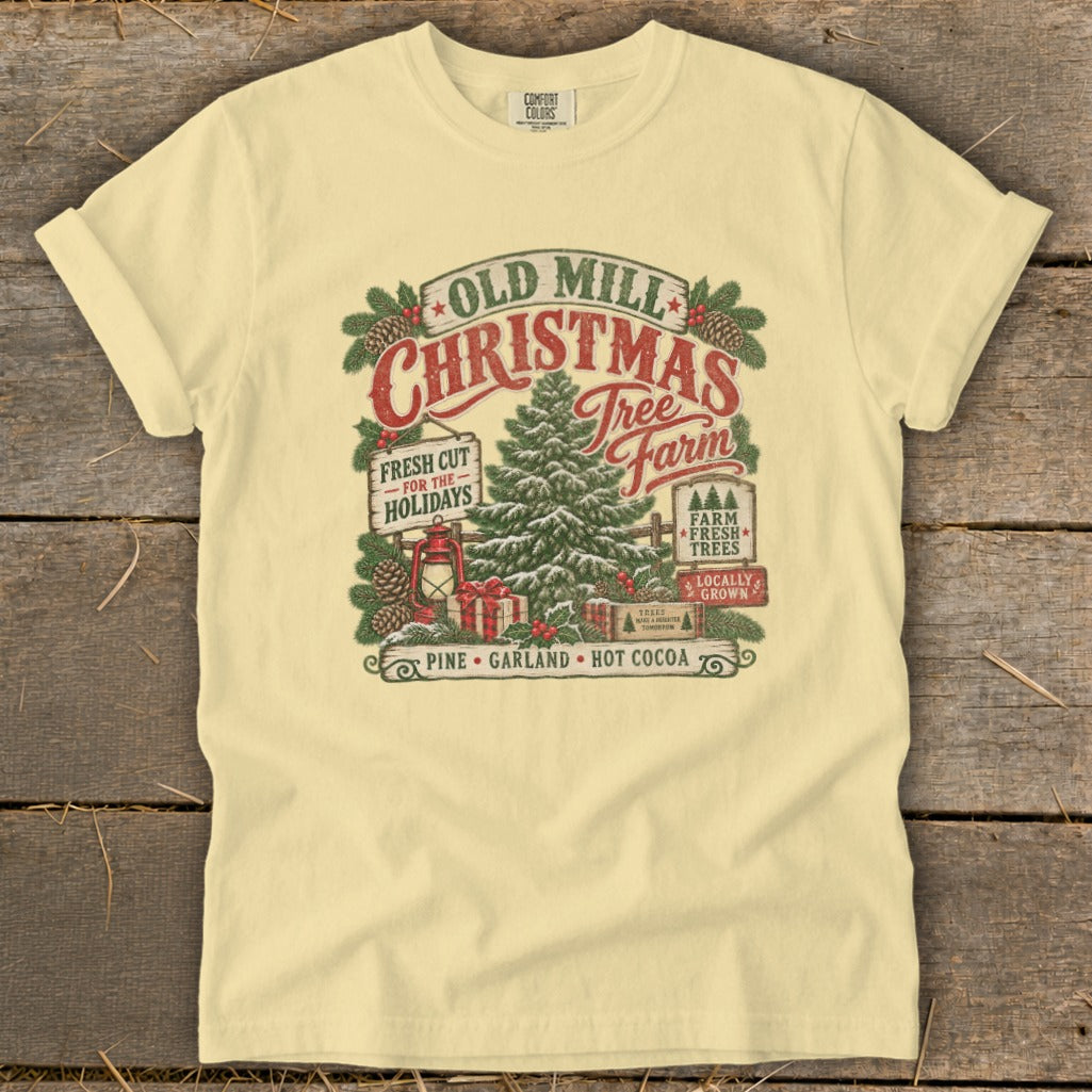 Christmas tree farm graphic with text "Old Mill Christmas Tree Farm" and festive holiday elements.