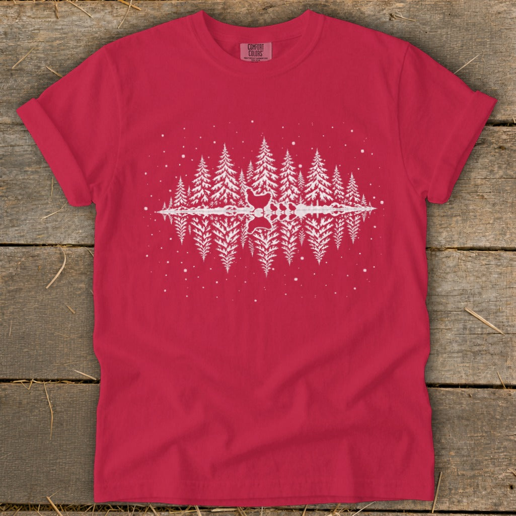 Red t-shirt with white reflection of trees and cat silhouette graphic.