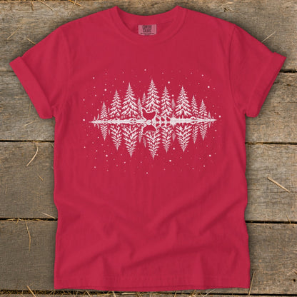 Red t-shirt with white reflection of trees and cat silhouette graphic.