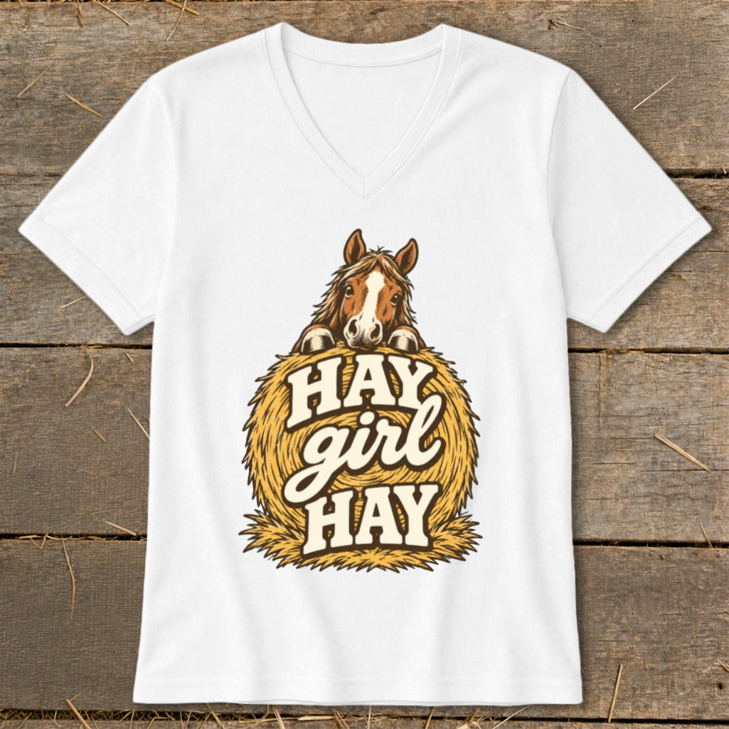 White t-shirt with a horse peeking over a hay bale with "HAY girl HAY" text.
