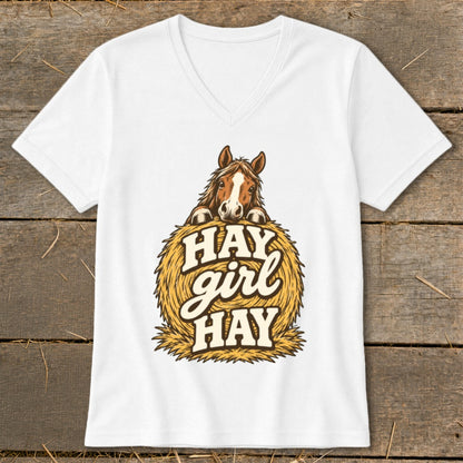 White t-shirt with a horse peeking over a hay bale with "HAY girl HAY" text.