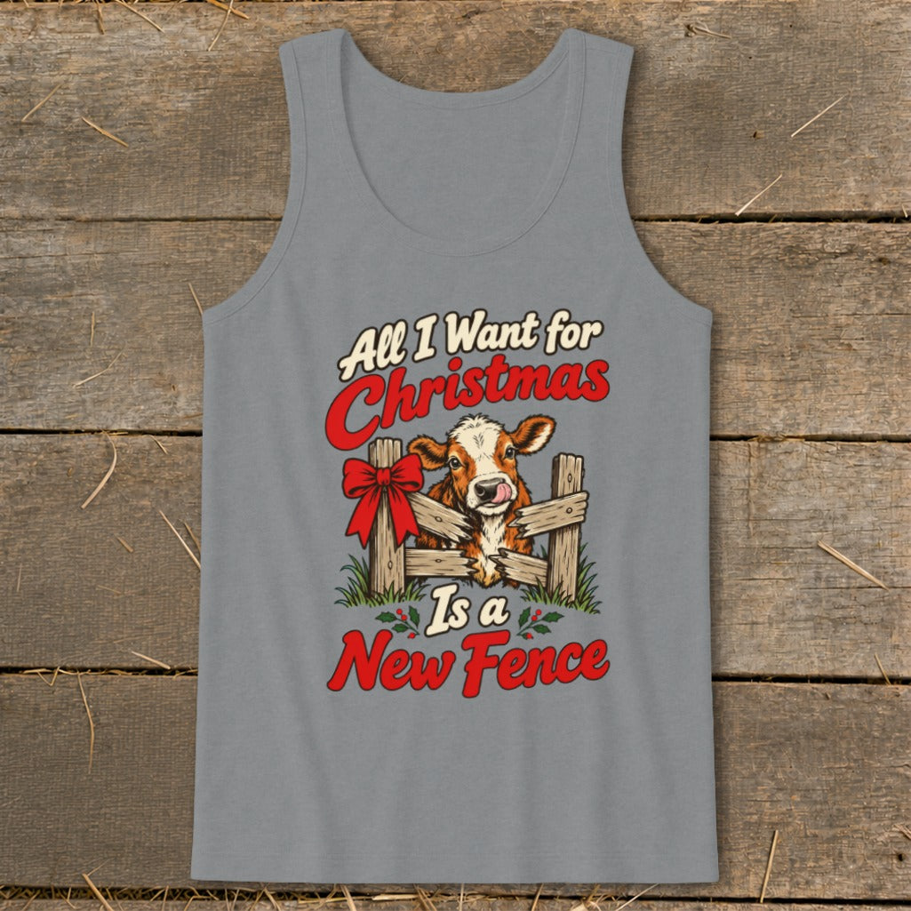 Cow behind a fence with text "All I Want for Christmas Is a New Fence."