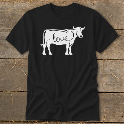 Black t-shirt with white outline of a cow containing the word "love" in script.