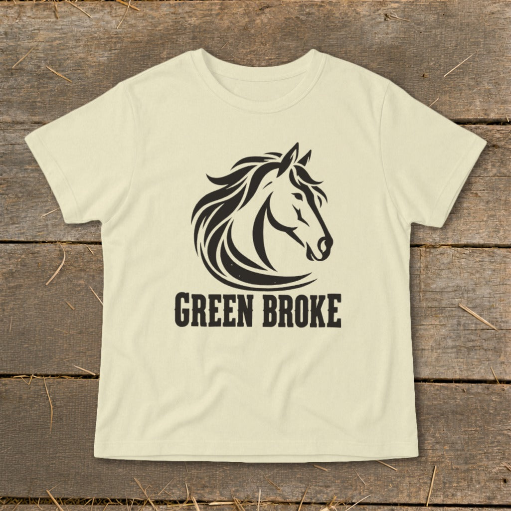 Cream t-shirt featuring a black graphic of a horse head and the text GREEN BROKE.
