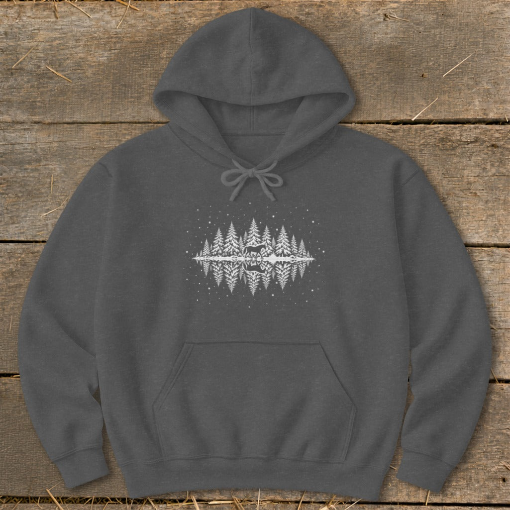 Dark grey hoodie with white reflection of forest and deer graphic.