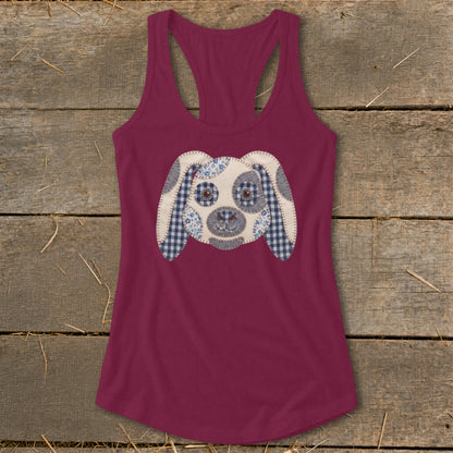 Maroon racerback tank top with a stitched patchwork dog face design.