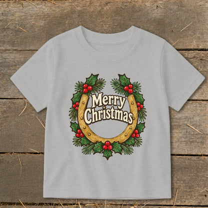 Gray t-shirt with a horseshoe wreath graphic saying "Merry Christmas".