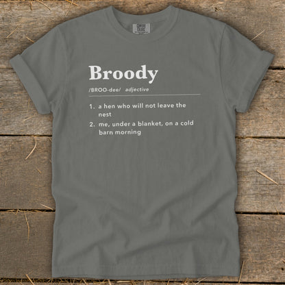 Grey t-shirt with "Broody" definition: 1. hen who won't leave nest, 2. me under a blanket.