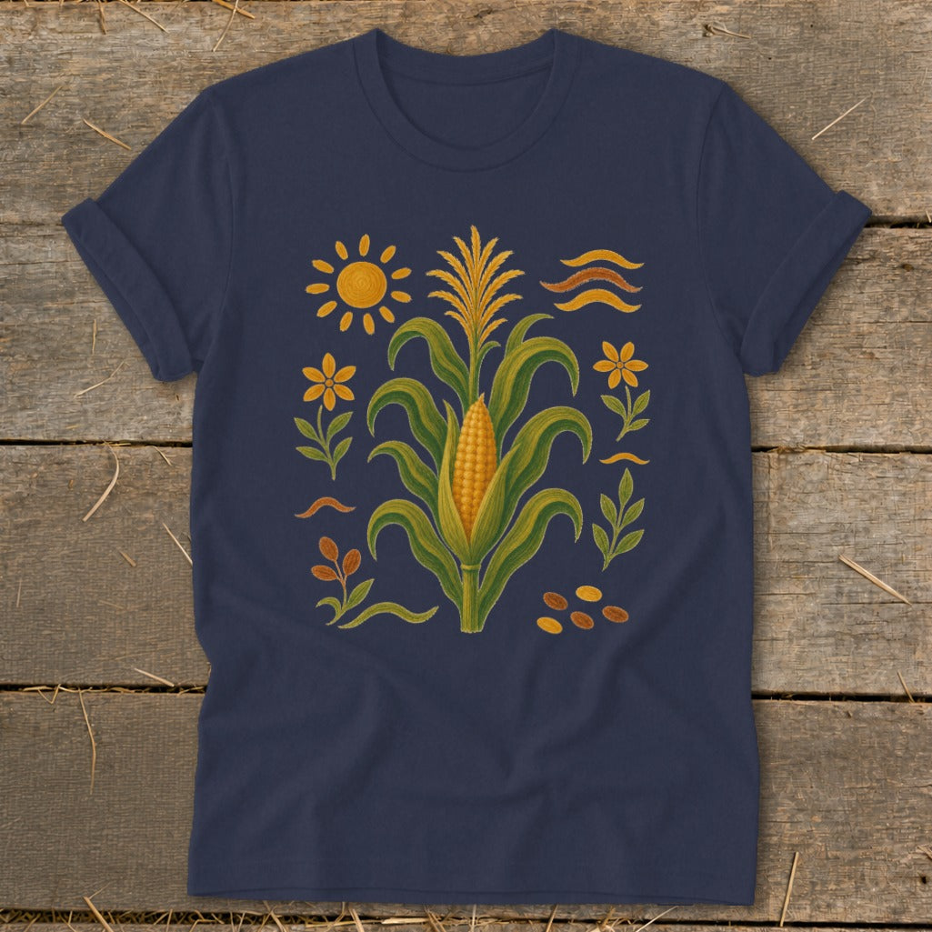 Navy t-shirt with a central corn stalk, sun, flowers, and corn kernels illustration.