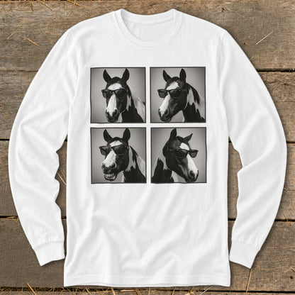 Four black and white portraits of a horse wearing sunglasses on a white long-sleeve shirt.