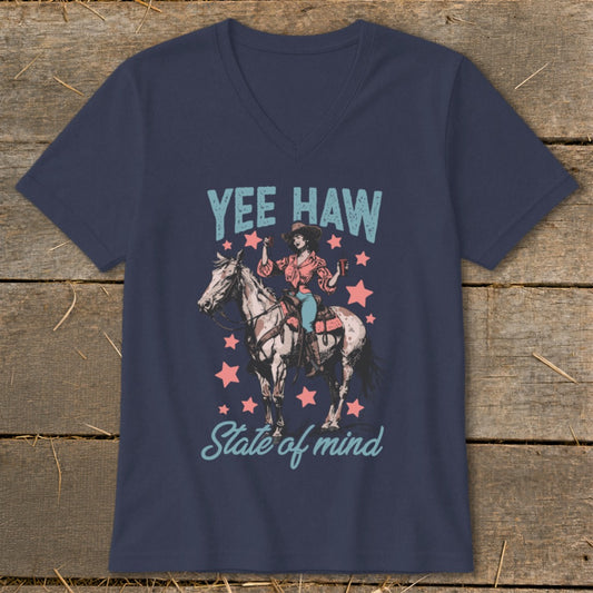 Navy t-shirt with "Yee Haw" and cowgirl on horseback with stars.