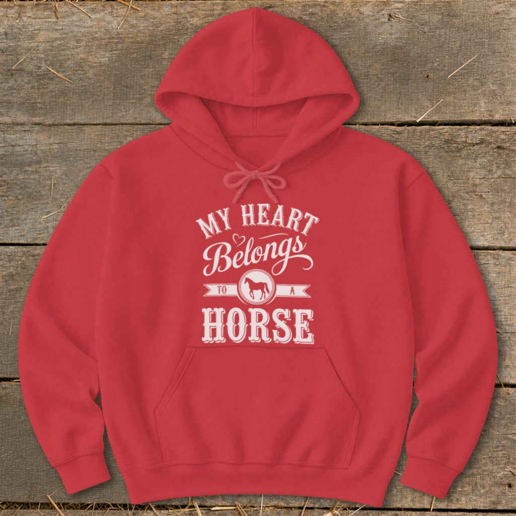 Red hoodie with white text reading "My Heart Belongs to a Horse" and a horse silhouette.