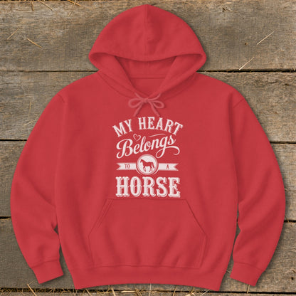 Red hoodie with white text reading "My Heart Belongs to a Horse" and a horse silhouette.