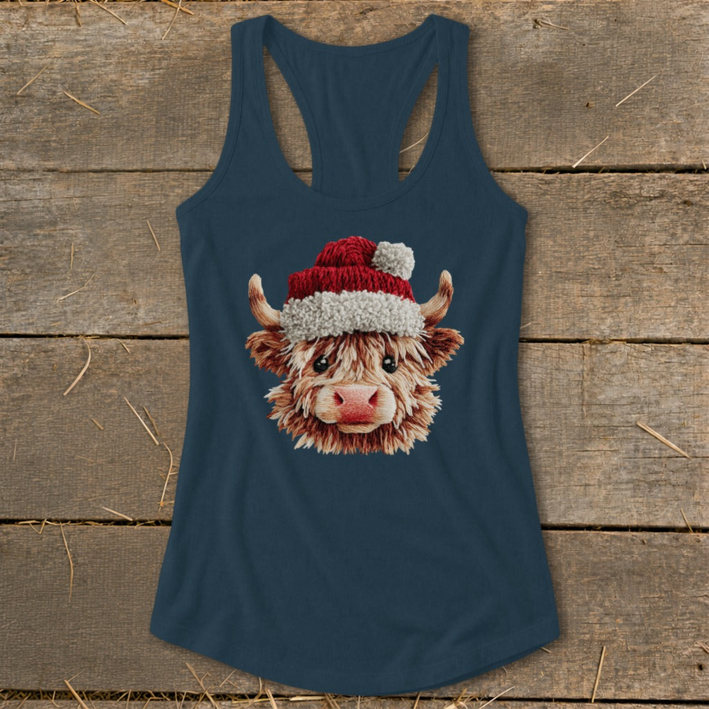 Highland cow with Santa hat graphic on a navy blue racerback tank top.