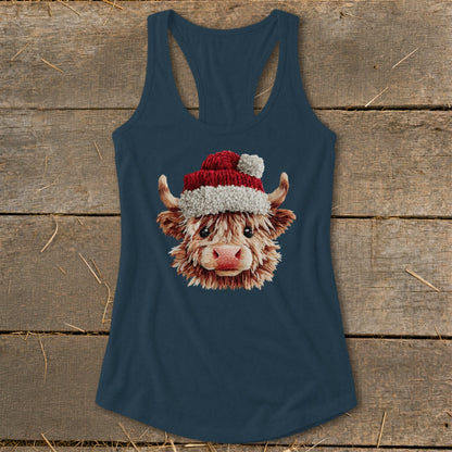 Highland cow with Santa hat graphic on a navy blue racerback tank top.
