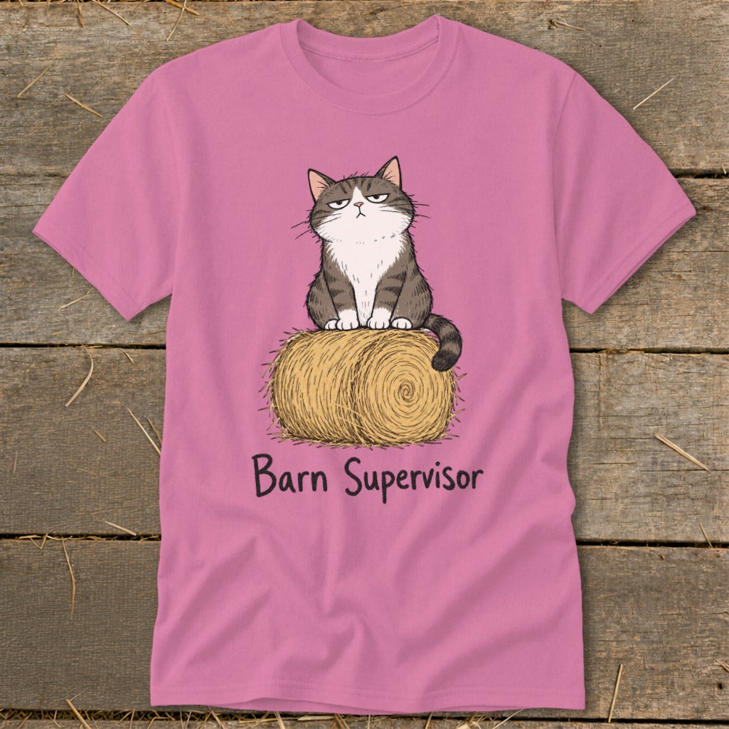 Pink t-shirt with grumpy cat sitting on hay bale, reading "Barn Supervisor."