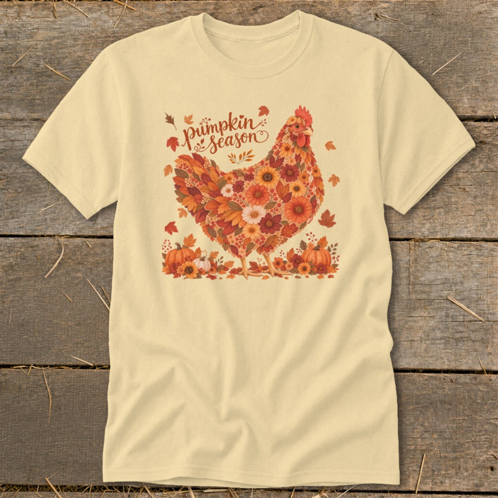 Light yellow t-shirt with a chicken graphic made of autumn flowers and leaves.