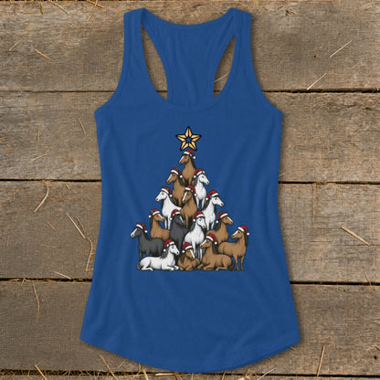 Horses wearing Santa hats form a Christmas tree on a blue tank top.