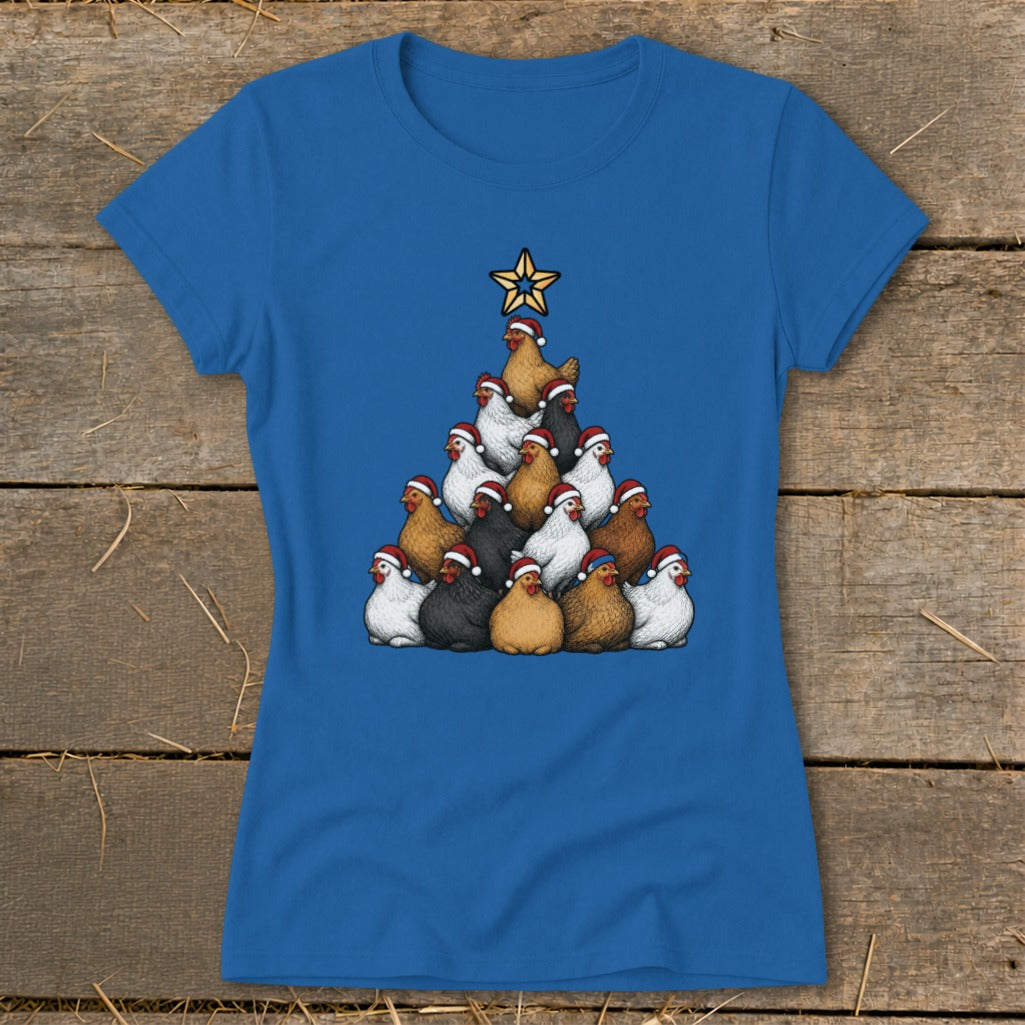 T-shirt with a Christmas tree made of chickens wearing Santa hats, topped with a star.