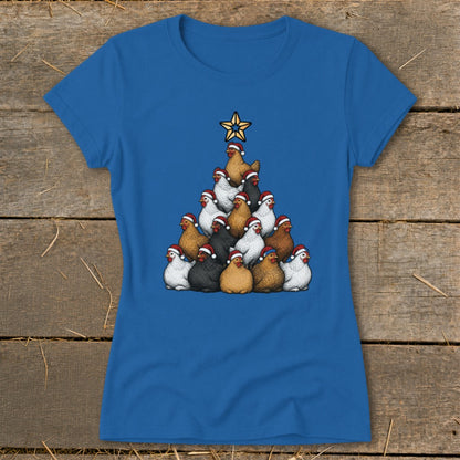 T-shirt with a Christmas tree made of chickens wearing Santa hats, topped with a star.
