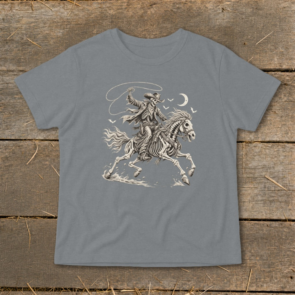 Skeleton cowboy on horseback with lasso under a crescent moon.